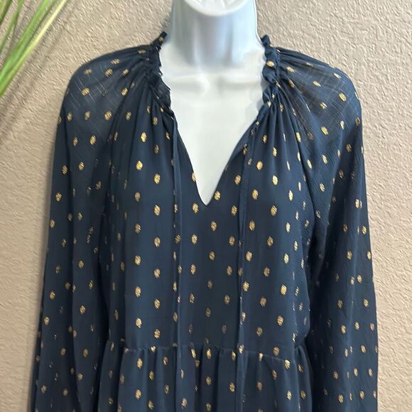 #542 Blu Pepper navy blue gold leaf, long sleeve, Boho style dress size medium - Picture 2 of 11